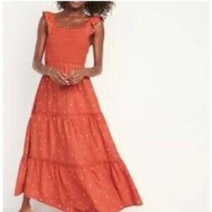 Old Navy Fit & Flare Smocked Midi Maxi Dress Orange Daisy M womens boho strap
